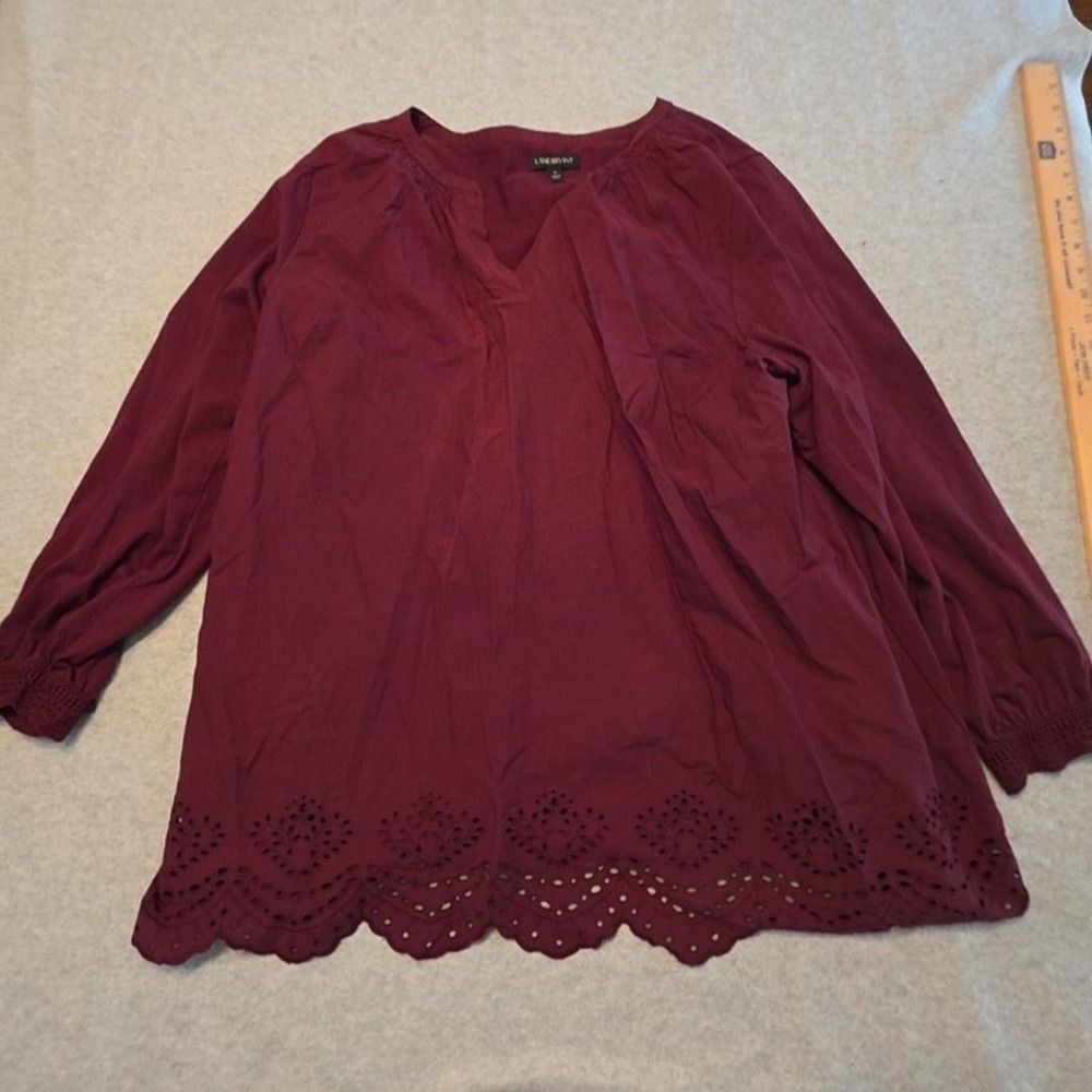 Lane Bryant Blouse Womens 18 Red V Neck Long Sleeve Embroidered Eyelet Tunic Top